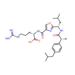 CC(C)Cc1ccc([C@@H](C)C(=O)N[C@@H](CC(C)C)c2nc(C(=O)N[C@@H](CCCNC(=N)N)C(=O)O)co2)cc1 ZINC000653748786