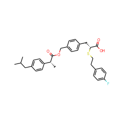 CC(C)Cc1ccc([C@@H](C)C(=O)OCc2ccc(C[C@@H](SCCc3ccc(F)cc3)C(=O)O)cc2)cc1 ZINC000114956848