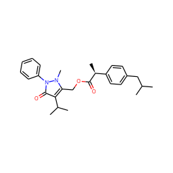 CC(C)Cc1ccc([C@H](C)C(=O)OCc2c(C(C)C)c(=O)n(-c3ccccc3)n2C)cc1 ZINC000299827036