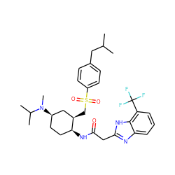 CC(C)Cc1ccc(S(=O)(=O)C[C@@H]2C[C@H](N(C)C(C)C)CC[C@@H]2NC(=O)Cc2nc3cccc(C(F)(F)F)c3[nH]2)cc1 ZINC000084689675
