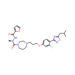 CC(C)Cc1nc(-c2ccc(OCCCN3CCCN(C(=O)[C@@H](C)NC(=O)c4ccco4)CC3)cc2F)no1 ZINC000036289067