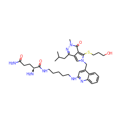 CC(C)Cc1nn(C)c(=O)c2c(SCCCO)n(Cc3cc(NCCCCCNC(=O)[C@@H](N)CCC(N)=O)nc4ccccc34)cc12 ZINC000653858718