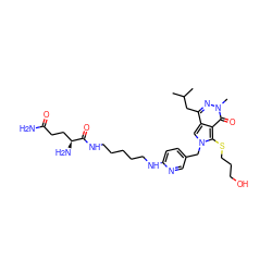 CC(C)Cc1nn(C)c(=O)c2c(SCCCO)n(Cc3ccc(NCCCCCNC(=O)[C@@H](N)CCC(N)=O)nc3)cc12 ZINC000653858599