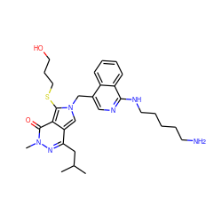 CC(C)Cc1nn(C)c(=O)c2c(SCCCO)n(Cc3cnc(NCCCCCN)c4ccccc34)cc12 ZINC000653912223