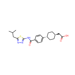 CC(C)Cc1nnc(NC(=O)c2ccc([C@H]3CC[C@H](CC(=O)O)CC3)cc2)s1 ZINC000261186127