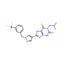 CC(C)Cn1c(=O)[nH]c2nc(-c3cnn(Cc4cccc(C(F)(F)F)c4)c3)[nH]c2c1=O ZINC000029037294