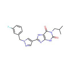 CC(C)Cn1c(=O)[nH]c2nc(-c3cnn(Cc4cccc(F)c4)c3)[nH]c2c1=O ZINC000029037292