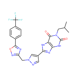 CC(C)Cn1c(=O)[nH]c2nc(-c3cnn(Cc4noc(-c5ccc(C(F)(F)F)cc5)n4)c3)[nH]c2c1=O ZINC000029037339