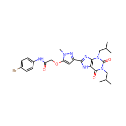 CC(C)Cn1c(=O)c2[nH]c(-c3cc(OCC(=O)Nc4ccc(Br)cc4)n(C)n3)nc2n(CC(C)C)c1=O ZINC000029230588