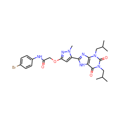 CC(C)Cn1c(=O)c2[nH]c(-c3cc(OCC(=O)Nc4ccc(Br)cc4)nn3C)nc2n(CC(C)C)c1=O ZINC000029226058