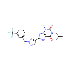 CC(C)Cn1c(=O)c2[nH]c(-c3cnn(Cc4cccc(C(F)(F)F)c4)c3)nc2n(C)c1=O ZINC000029055772