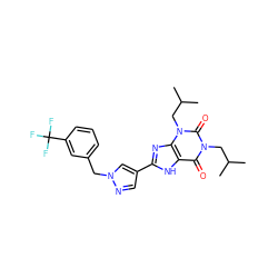 CC(C)Cn1c(=O)c2[nH]c(-c3cnn(Cc4cccc(C(F)(F)F)c4)c3)nc2n(CC(C)C)c1=O ZINC000036124088