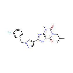 CC(C)Cn1c(=O)c2[nH]c(-c3cnn(Cc4cccc(F)c4)c3)nc2n(C)c1=O ZINC000029055775