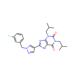 CC(C)Cn1c(=O)c2[nH]c(-c3cnn(Cc4cccc(F)c4)c3)nc2n(CC(C)C)c1=O ZINC000036124075