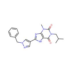 CC(C)Cn1c(=O)c2[nH]c(-c3cnn(Cc4ccccc4)c3)nc2n(C)c1=O ZINC000029055839