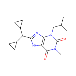 CC(C)Cn1c(=O)n(C)c(=O)c2[nH]c(C(C3CC3)C3CC3)nc21 ZINC000012405427