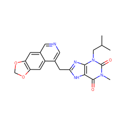 CC(C)Cn1c(=O)n(C)c(=O)c2[nH]c(Cc3cncc4cc5c(cc34)OCO5)nc21 ZINC000028882138