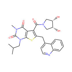 CC(C)Cn1c(=O)n(C)c(=O)c2c(C(=O)N3C[C@H](O)[C@H](O)C3)c(Cc3ccnc4ccccc34)sc21 ZINC000014977619