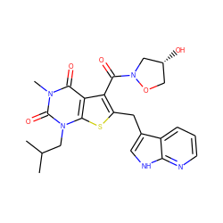 CC(C)Cn1c(=O)n(C)c(=O)c2c(C(=O)N3C[C@H](O)CO3)c(Cc3c[nH]c4ncccc34)sc21 ZINC000014977631