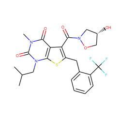 CC(C)Cn1c(=O)n(C)c(=O)c2c(C(=O)N3C[C@H](O)CO3)c(Cc3ccccc3C(F)(F)F)sc21 ZINC000014977628