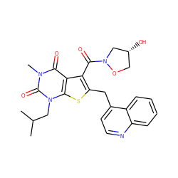 CC(C)Cn1c(=O)n(C)c(=O)c2c(C(=O)N3C[C@H](O)CO3)c(Cc3ccnc4ccccc34)sc21 ZINC000003842132