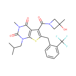 CC(C)Cn1c(=O)n(C)c(=O)c2c(C(=O)N3CC(C)(O)C3)c(Cc3ccccc3C(F)(F)F)sc21 ZINC000014977701