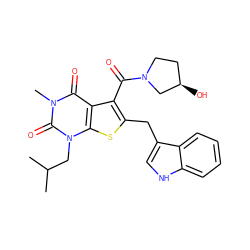 CC(C)Cn1c(=O)n(C)c(=O)c2c(C(=O)N3CC[C@@H](O)C3)c(Cc3c[nH]c4ccccc34)sc21 ZINC000014977712