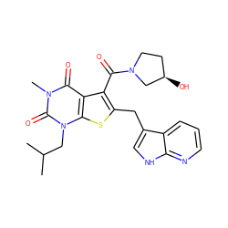 CC(C)Cn1c(=O)n(C)c(=O)c2c(C(=O)N3CC[C@@H](O)C3)c(Cc3c[nH]c4ncccc34)sc21 ZINC000014977715