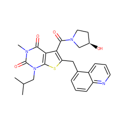 CC(C)Cn1c(=O)n(C)c(=O)c2c(C(=O)N3CC[C@@H](O)C3)c(Cc3cccc4ncccc34)sc21 ZINC000014977706