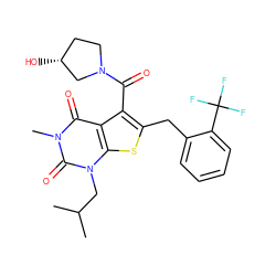 CC(C)Cn1c(=O)n(C)c(=O)c2c(C(=O)N3CC[C@@H](O)C3)c(Cc3ccccc3C(F)(F)F)sc21 ZINC000014977686