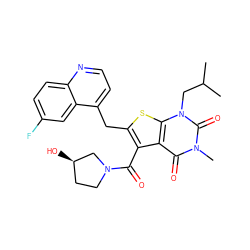 CC(C)Cn1c(=O)n(C)c(=O)c2c(C(=O)N3CC[C@@H](O)C3)c(Cc3ccnc4ccc(F)cc34)sc21 ZINC000014977608