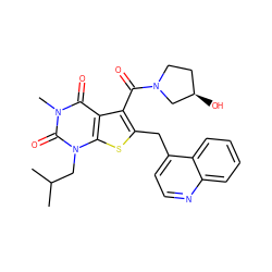 CC(C)Cn1c(=O)n(C)c(=O)c2c(C(=O)N3CC[C@@H](O)C3)c(Cc3ccnc4ccccc34)sc21 ZINC000014977605