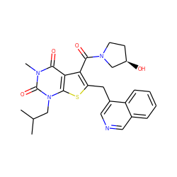 CC(C)Cn1c(=O)n(C)c(=O)c2c(C(=O)N3CC[C@@H](O)C3)c(Cc3cncc4ccccc34)sc21 ZINC000014977709