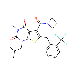 CC(C)Cn1c(=O)n(C)c(=O)c2c(C(=O)N3CCC3)c(Cc3ccccc3C(F)(F)F)sc21 ZINC000014977689