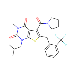 CC(C)Cn1c(=O)n(C)c(=O)c2c(C(=O)N3CCCC3)c(Cc3ccccc3C(F)(F)F)sc21 ZINC000014977692