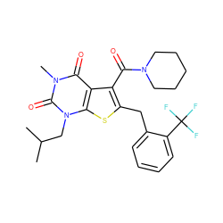 CC(C)Cn1c(=O)n(C)c(=O)c2c(C(=O)N3CCCCC3)c(Cc3ccccc3C(F)(F)F)sc21 ZINC000014977695