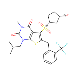 CC(C)Cn1c(=O)n(C)c(=O)c2c(S(=O)(=O)[C@@H]3CC[C@H](O)C3)c(Cc3ccccc3C(F)(F)F)sc21 ZINC000014977680