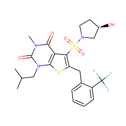 CC(C)Cn1c(=O)n(C)c(=O)c2c(S(=O)(=O)N3CC[C@@H](O)C3)c(Cc3ccccc3C(F)(F)F)sc21 ZINC000014977683