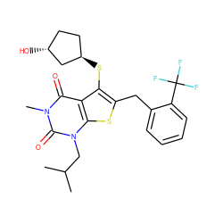 CC(C)Cn1c(=O)n(C)c(=O)c2c(S[C@@H]3CC[C@@H](O)C3)c(Cc3ccccc3C(F)(F)F)sc21 ZINC000014977666