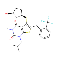 CC(C)Cn1c(=O)n(C)c(=O)c2c(S[C@@H]3CC[C@H](O)C3)c(Cc3ccccc3C(F)(F)F)sc21 ZINC000014977669