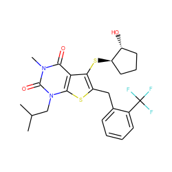 CC(C)Cn1c(=O)n(C)c(=O)c2c(S[C@@H]3CCC[C@H]3O)c(Cc3ccccc3C(F)(F)F)sc21 ZINC000014977663