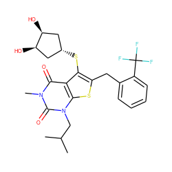 CC(C)Cn1c(=O)n(C)c(=O)c2c(S[C@H]3C[C@H](O)[C@H](O)C3)c(Cc3ccccc3C(F)(F)F)sc21 ZINC000100403564