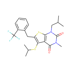 CC(C)Cn1c(=O)n(C)c(=O)c2c(SC(C)C)c(Cc3ccccc3C(F)(F)F)sc21 ZINC000014977652