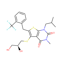 CC(C)Cn1c(=O)n(C)c(=O)c2c(SC[C@@H](O)CO)c(Cc3ccccc3C(F)(F)F)sc21 ZINC000014977675