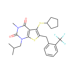 CC(C)Cn1c(=O)n(C)c(=O)c2c(SC3CCCC3)c(Cc3ccccc3C(F)(F)F)sc21 ZINC000014977657