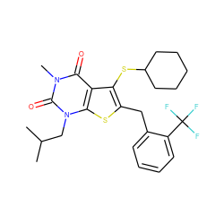 CC(C)Cn1c(=O)n(C)c(=O)c2c(SC3CCCCC3)c(Cc3ccccc3C(F)(F)F)sc21 ZINC000014977660