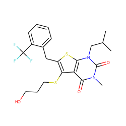 CC(C)Cn1c(=O)n(C)c(=O)c2c(SCCCO)c(Cc3ccccc3C(F)(F)F)sc21 ZINC000014977646