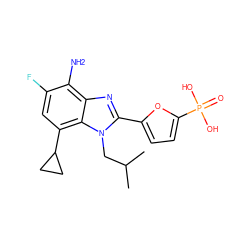 CC(C)Cn1c(-c2ccc(P(=O)(O)O)o2)nc2c(N)c(F)cc(C3CC3)c21 ZINC000045258256