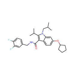 CC(C)Cn1c(C(C)C)c(C(=O)NCc2ccc(F)c(F)c2)c2ccc(OC3CCCC3)cc21 ZINC000096172162