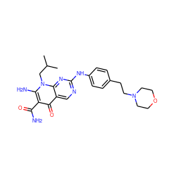 CC(C)Cn1c(N)c(C(N)=O)c(=O)c2cnc(Nc3ccc(CCN4CCOCC4)cc3)nc21 ZINC000118369757